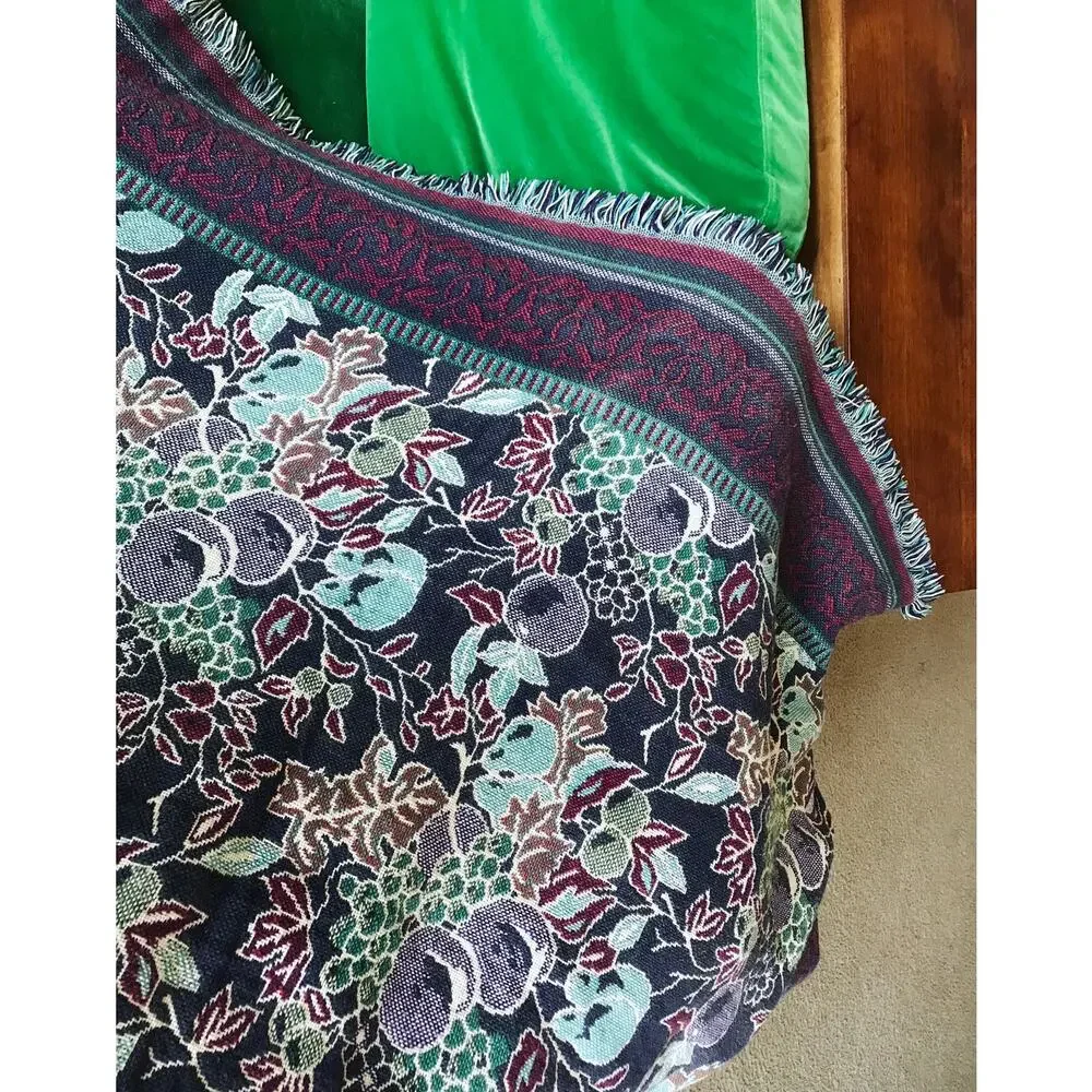 vintage 90s Reversible FRUIT PRINT plums, grapes, pears Fringe BLANKET afghan